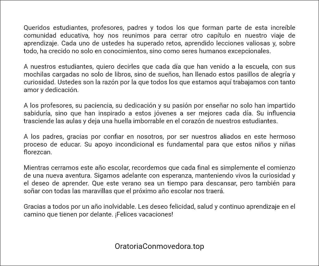 formato recomendado para un Discurso de fin de año escolar para primaria